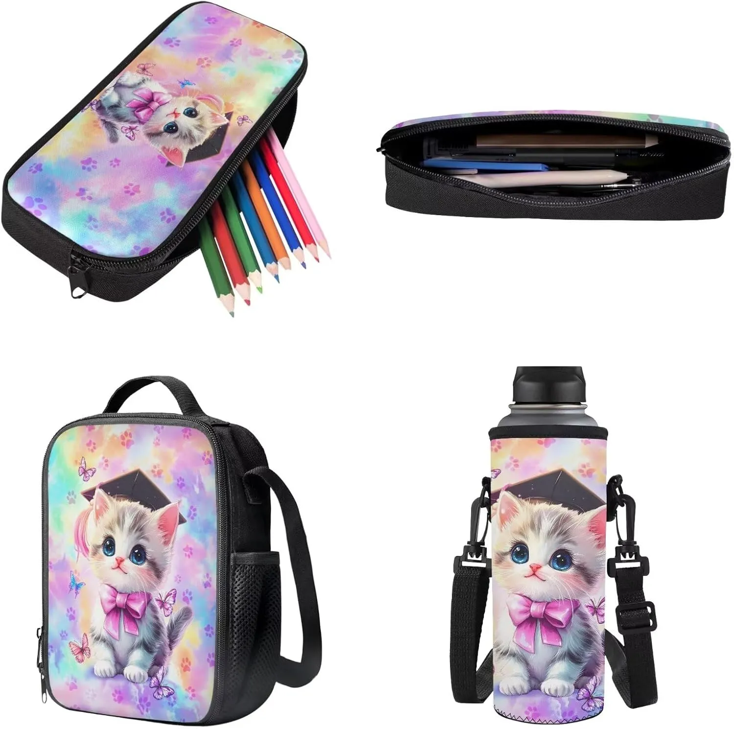 Poceacles 4 Pieces School Backpack Set with Stylish Rucksack Portable Insulated Lunch Bag Pencil Case Bottle Pouch for Primary Secondary School Students, Graduate Cat Bow Butterfly Paw Tie-dye