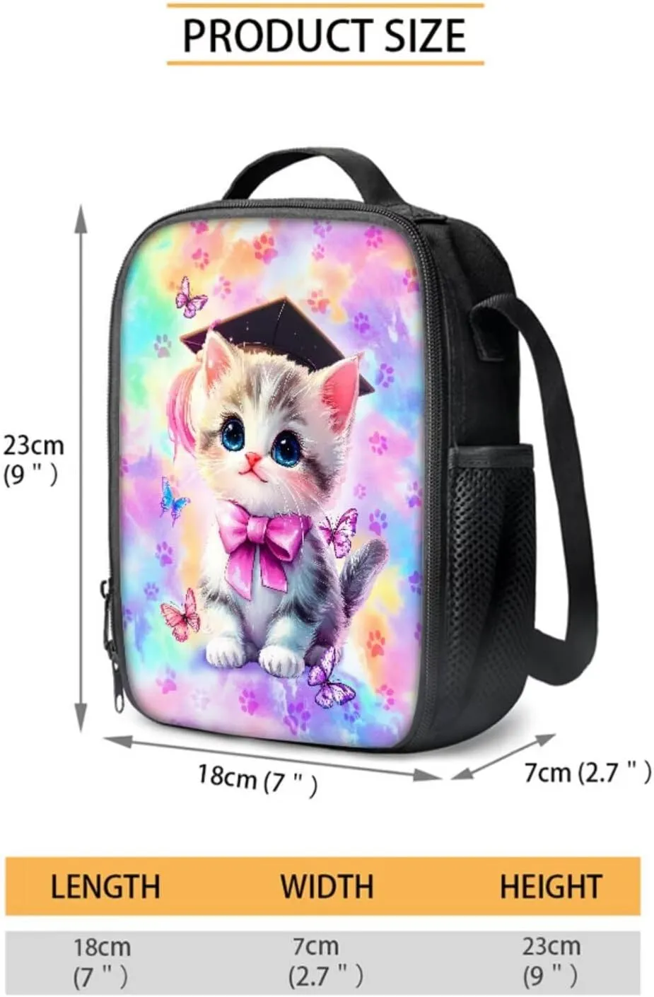 Poceacles 4 Pieces School Backpack Set with Stylish Rucksack Portable Insulated Lunch Bag Pencil Case Bottle Pouch for Primary Secondary School Students, Graduate Cat Bow Butterfly Paw Tie-dye