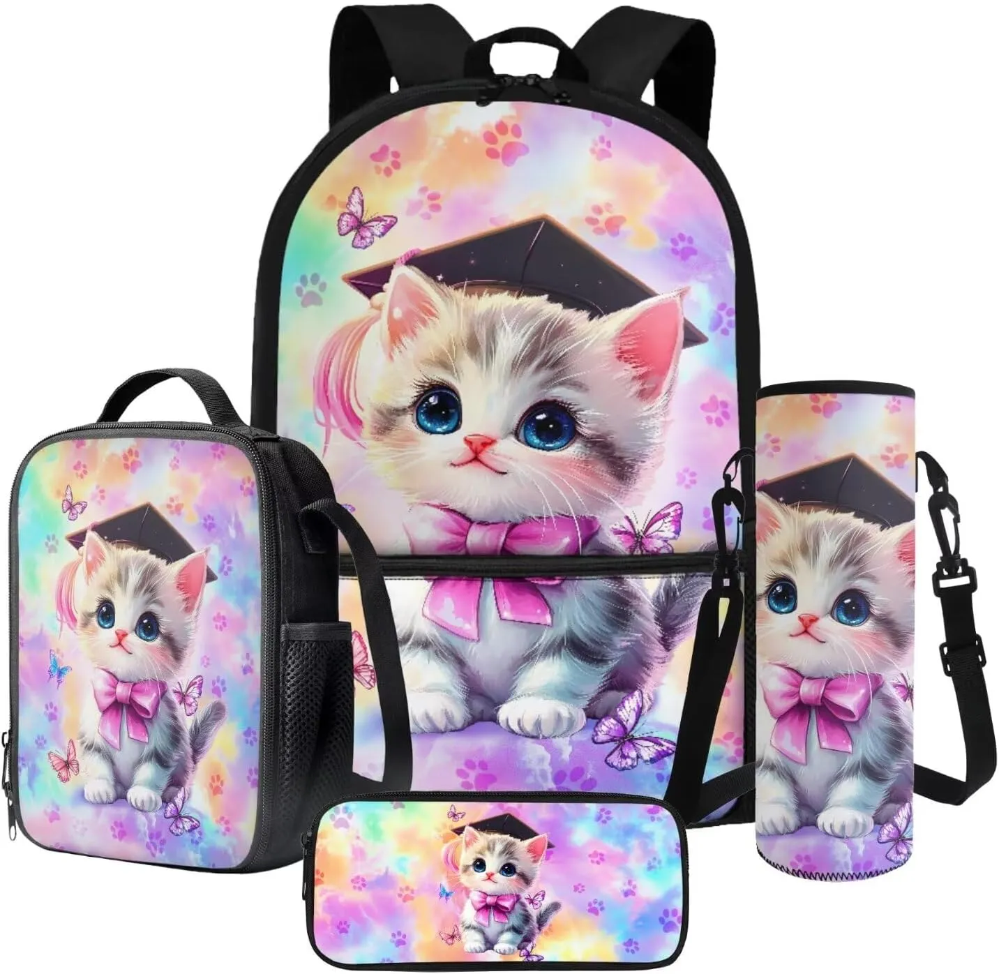 Poceacles 4 Pieces School Backpack Set with Stylish Rucksack Portable Insulated Lunch Bag Pencil Case Bottle Pouch for Primary Secondary School Students, Graduate Cat Bow Butterfly Paw Tie-dye