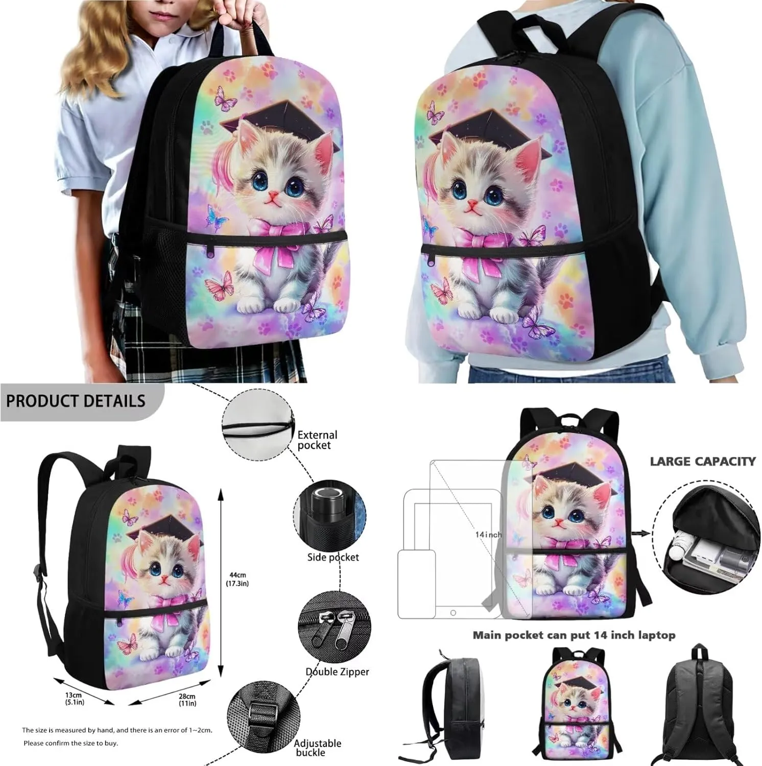 Poceacles 4 Pieces School Backpack Set with Stylish Rucksack Portable Insulated Lunch Bag Pencil Case Bottle Pouch for Primary Secondary School Students, Graduate Cat Bow Butterfly Paw Tie-dye