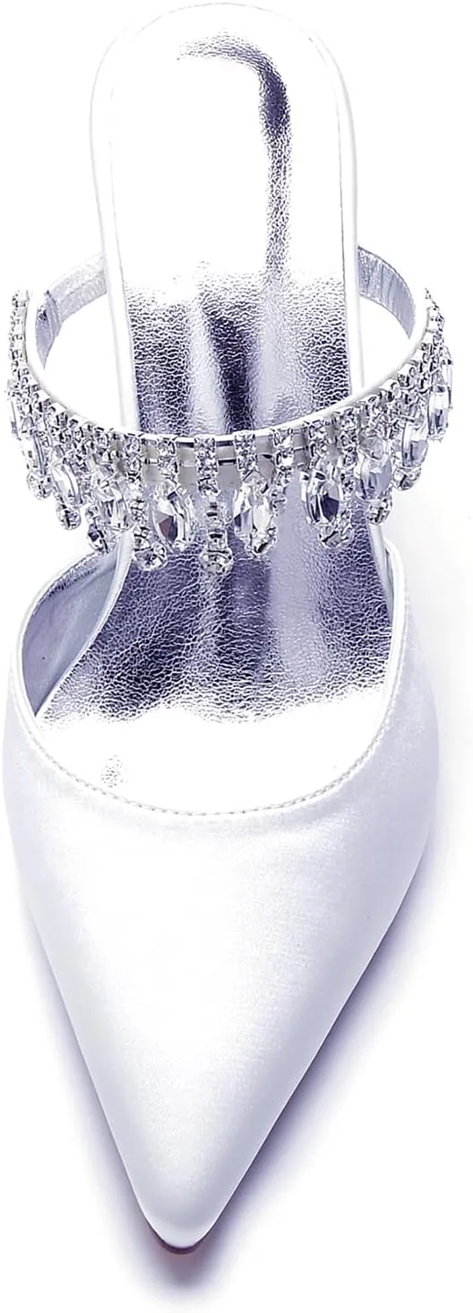 Pointed Wedding Crystal Pendant Backless Women's Block Heel Bridal Closed Toe Sandals Shoes Slingback for Prom Party Pump Dress Satin Slip-On