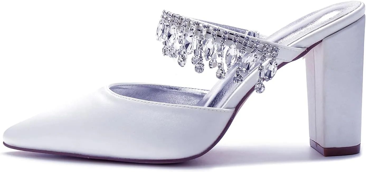 Pointed Wedding Crystal Pendant Backless Women's Block Heel Bridal Closed Toe Sandals Shoes Slingback for Prom Party Pump Dress Satin Slip-On