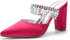 Pointed Wedding Crystal Pendant Backless Women's Block Heel Bridal Closed Toe Sandals Shoes Slingback for Prom Party Pump Dress Satin Slip-On