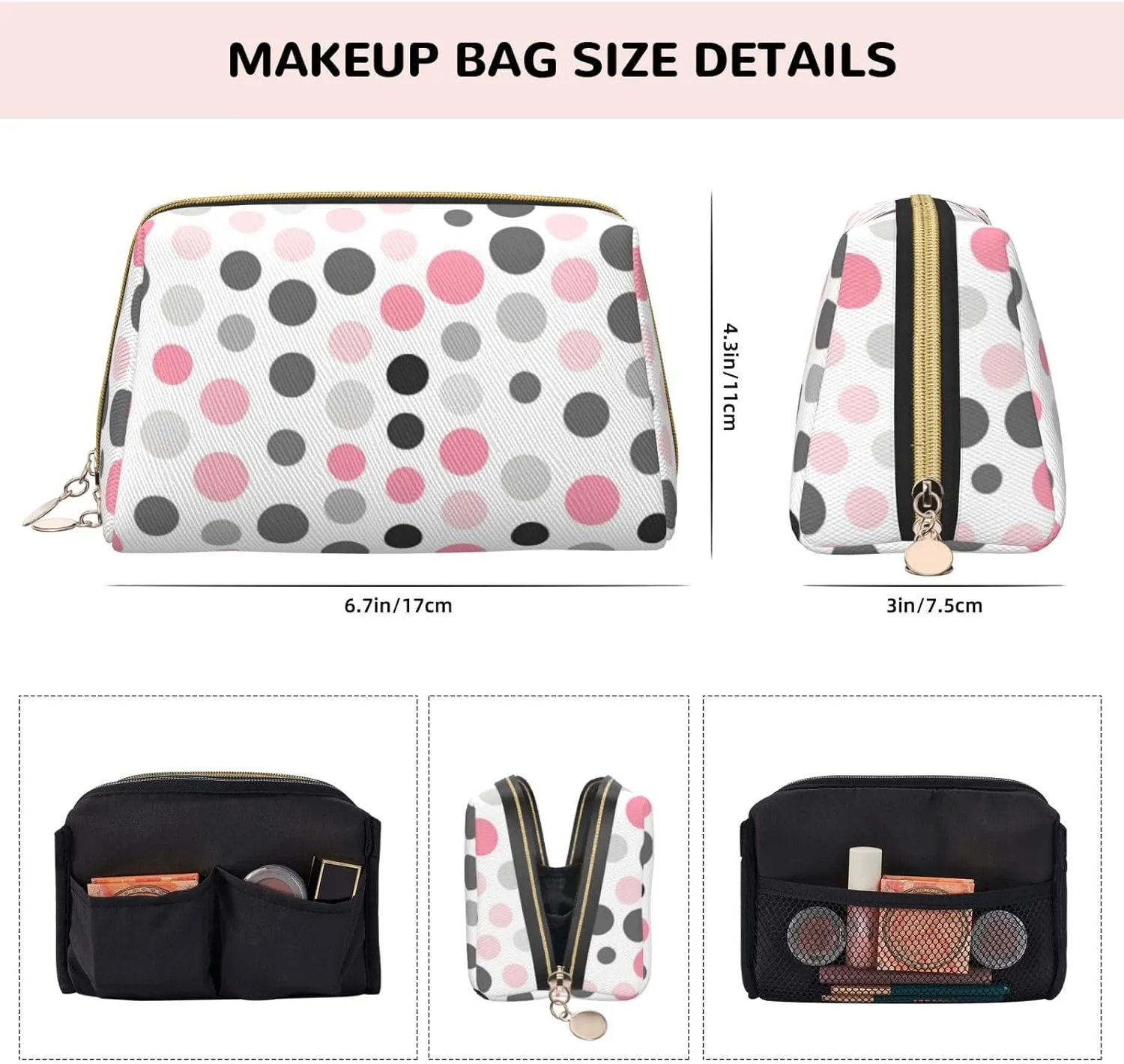 Polka Dot Pattern Toiletry Pouch, Travel-Friendly Makeup Organizer For Makeup Brushes, Lipsticks