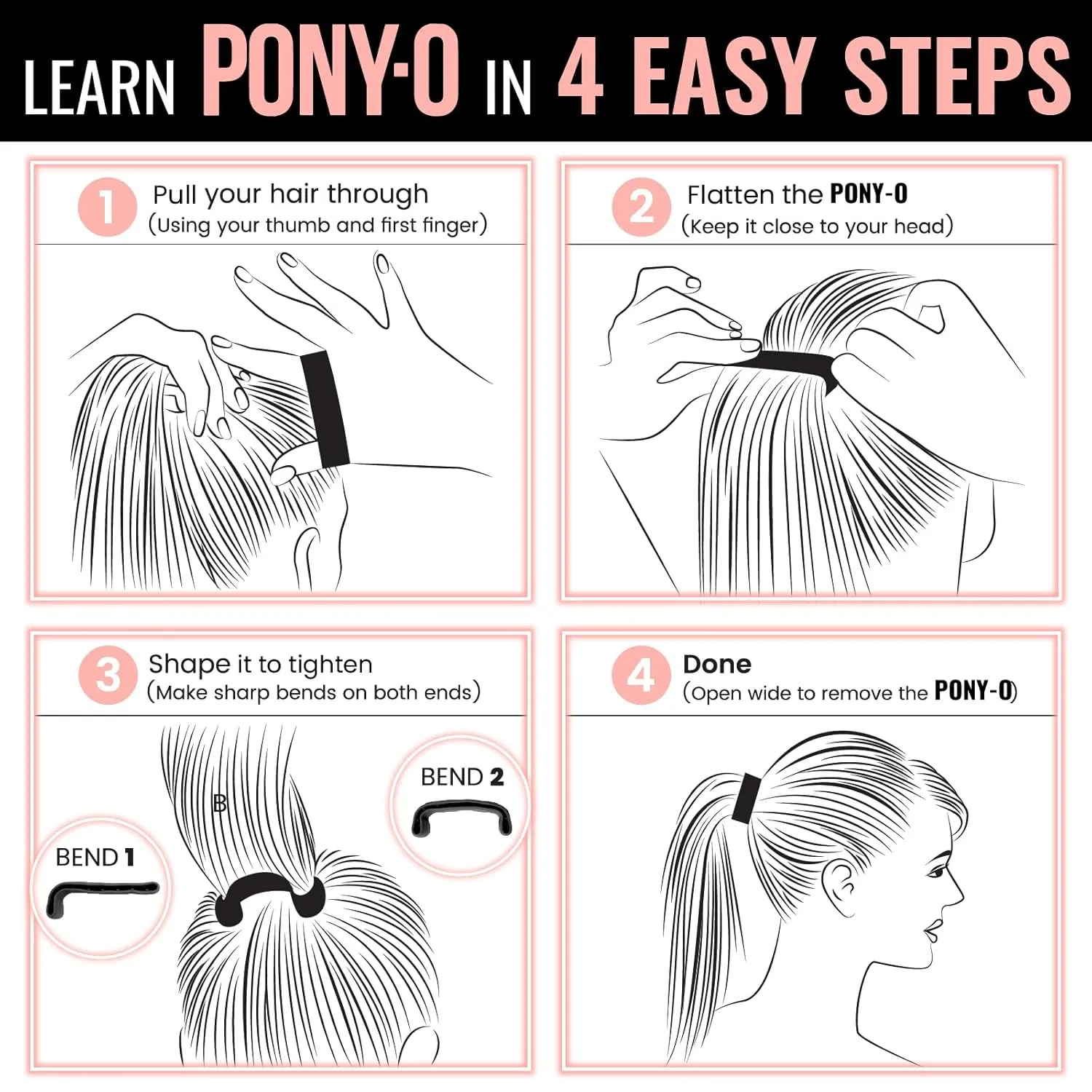 PONY-O Large for Thick, Heavy or Curly Hair Revolutionary Patented Bendable Hair Tie Ponytail Holders - 2 Pack Black & Copper