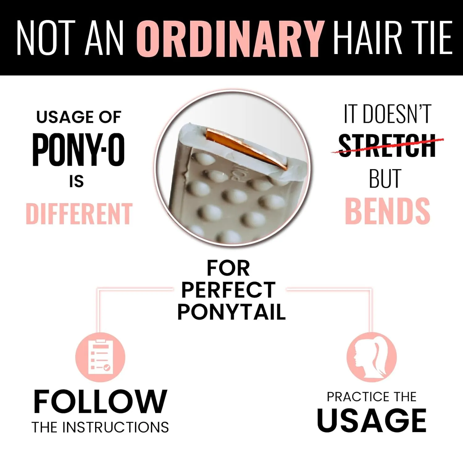 PONY-O Large for Thick, Heavy or Curly Hair Revolutionary Patented Bendable Hair Tie Ponytail Holders - 2 Pack Black & Copper
