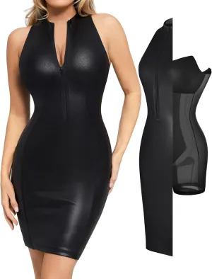 Popilush Faux Leather Dress for Women - Midi V Neck Dresses Shapewear Body con Dress Women - Date Night Outfit
