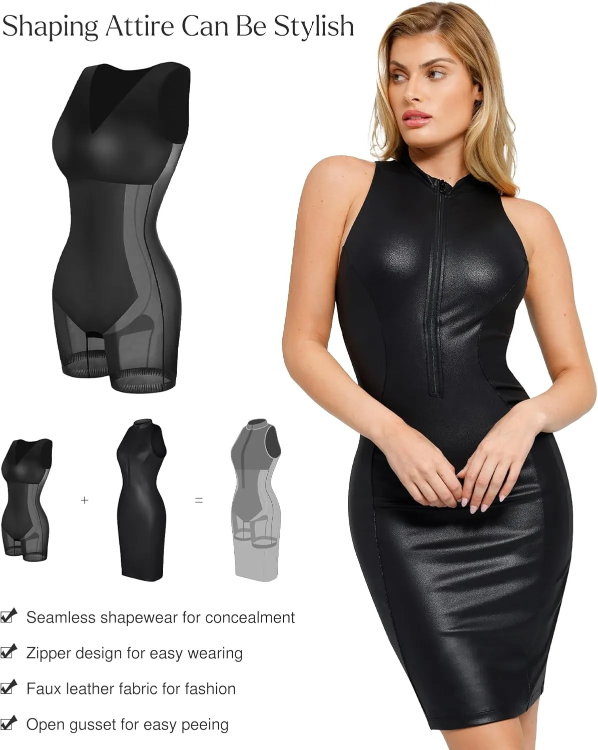 Popilush Faux Leather Dress for Women - Midi V Neck Dresses Shapewear Body con Dress Women - Date Night Outfit