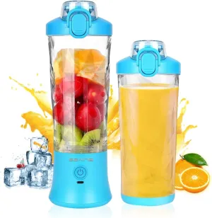 Portable Blender for Shakes and Smoothies With 20 Oz Travel Cup and Lid, Mini Personal Size With 6 Blades and USB Rechargeable for Gym, Kitchen and Outdoors (Blue)