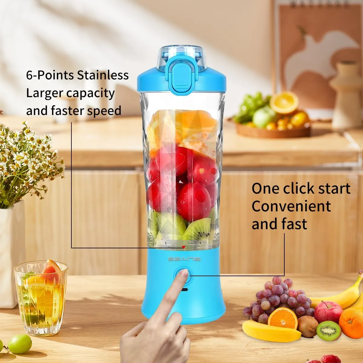 Portable Blender for Shakes and Smoothies With 20 Oz Travel Cup and Lid, Mini Personal Size With 6 Blades and USB Rechargeable for Gym, Kitchen and Outdoors (Blue)