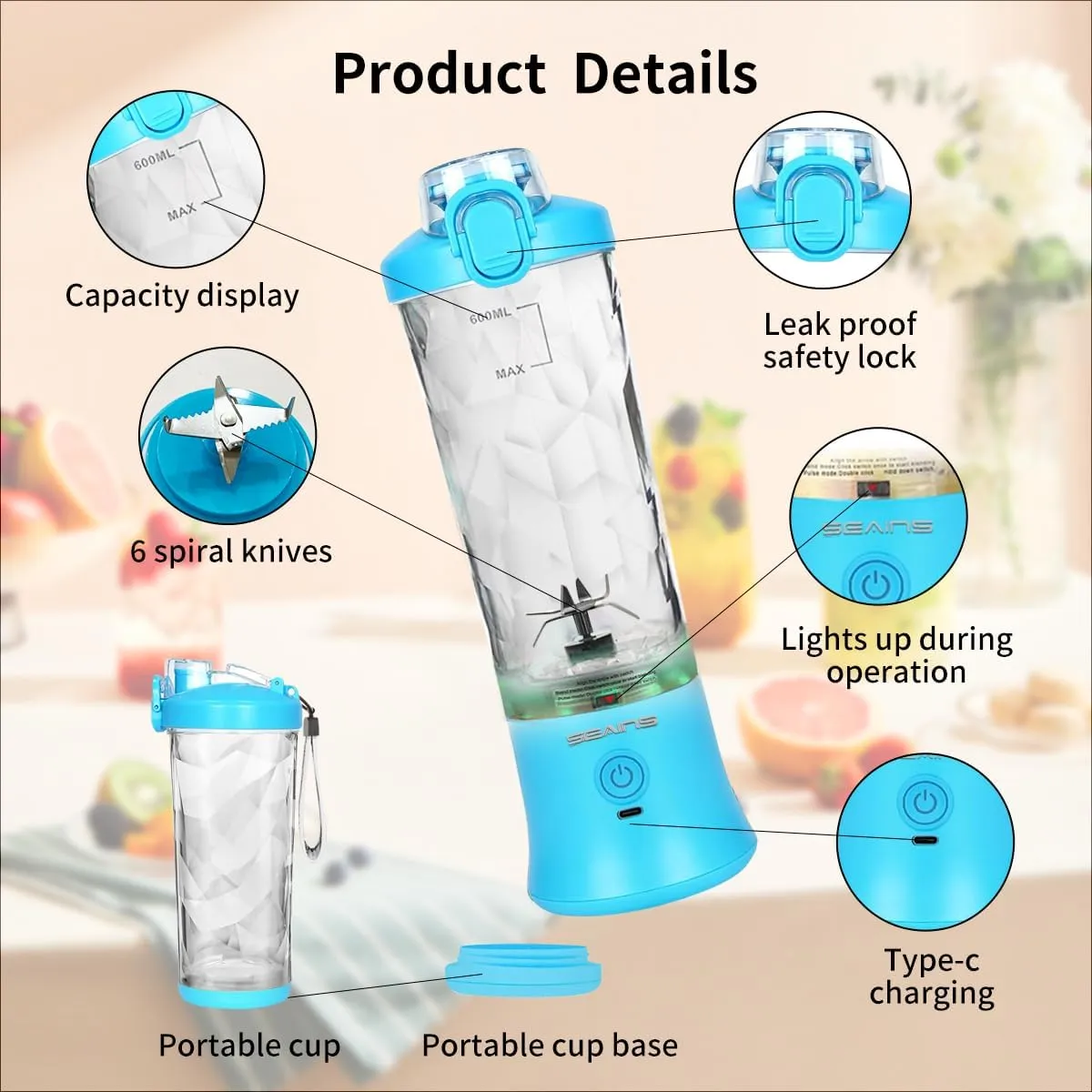 Portable Blender for Shakes and Smoothies With 20 Oz Travel Cup and Lid, Mini Personal Size With 6 Blades and USB Rechargeable for Gym, Kitchen and Outdoors (Blue)