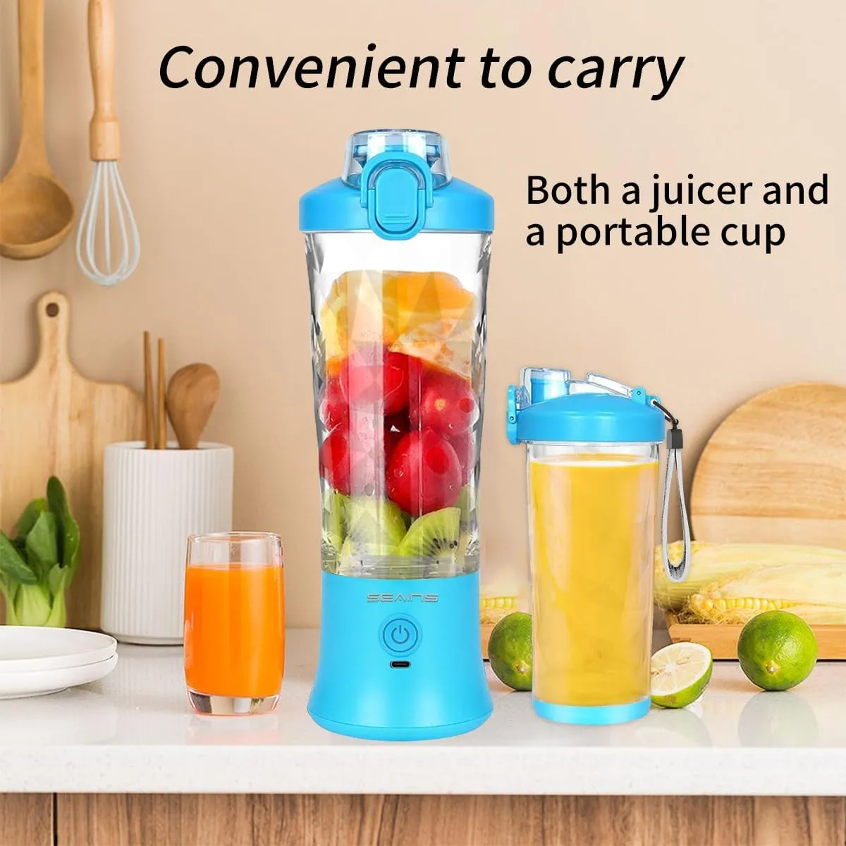 Portable Blender for Shakes and Smoothies With 20 Oz Travel Cup and Lid, Mini Personal Size With 6 Blades and USB Rechargeable for Gym, Kitchen and Outdoors (Blue)