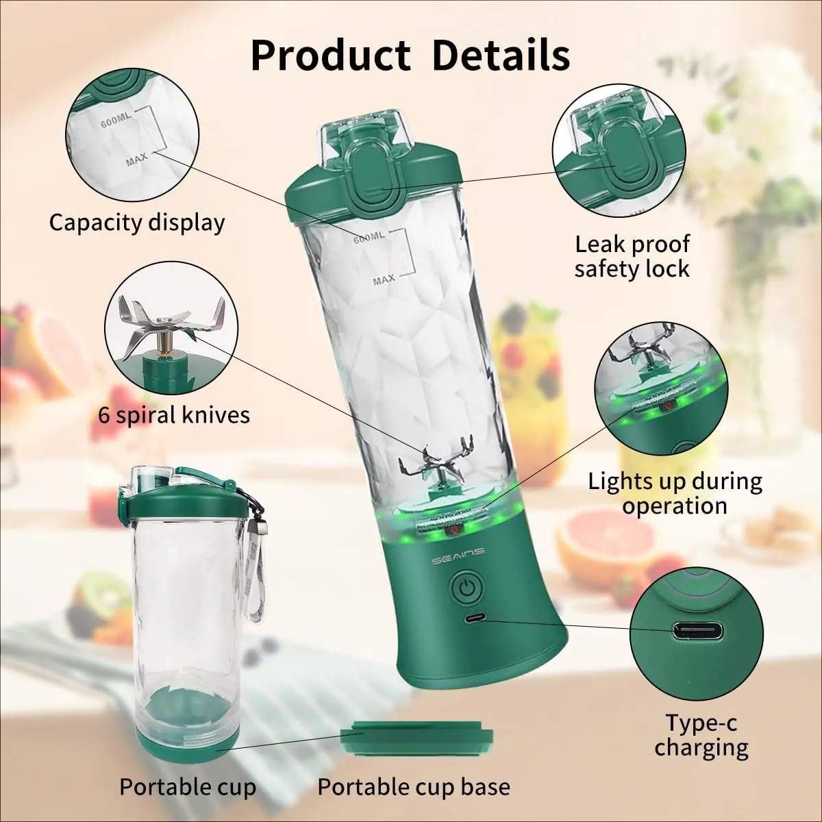 Portable Blender - Personal Blender for Shakes & Smoothies with 20 Oz Travel Cup, 6 Blades & USB Rechargeable for Gym, Kitchen & Outdoors (Green)