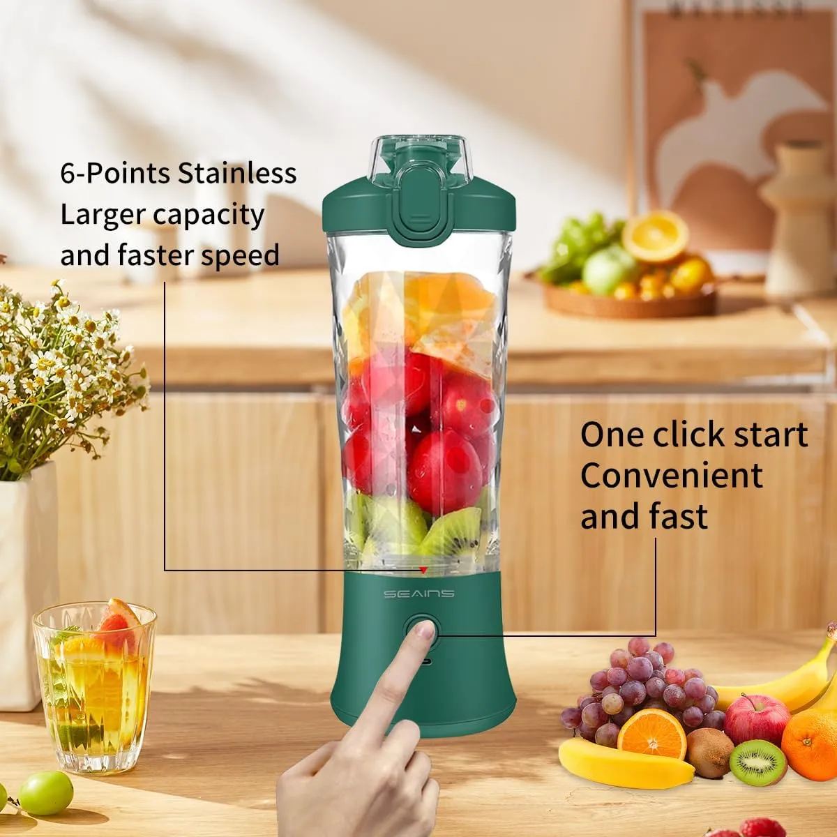 Portable Blender - Personal Blender for Shakes & Smoothies with 20 Oz Travel Cup, 6 Blades & USB Rechargeable for Gym, Kitchen & Outdoors (Green)