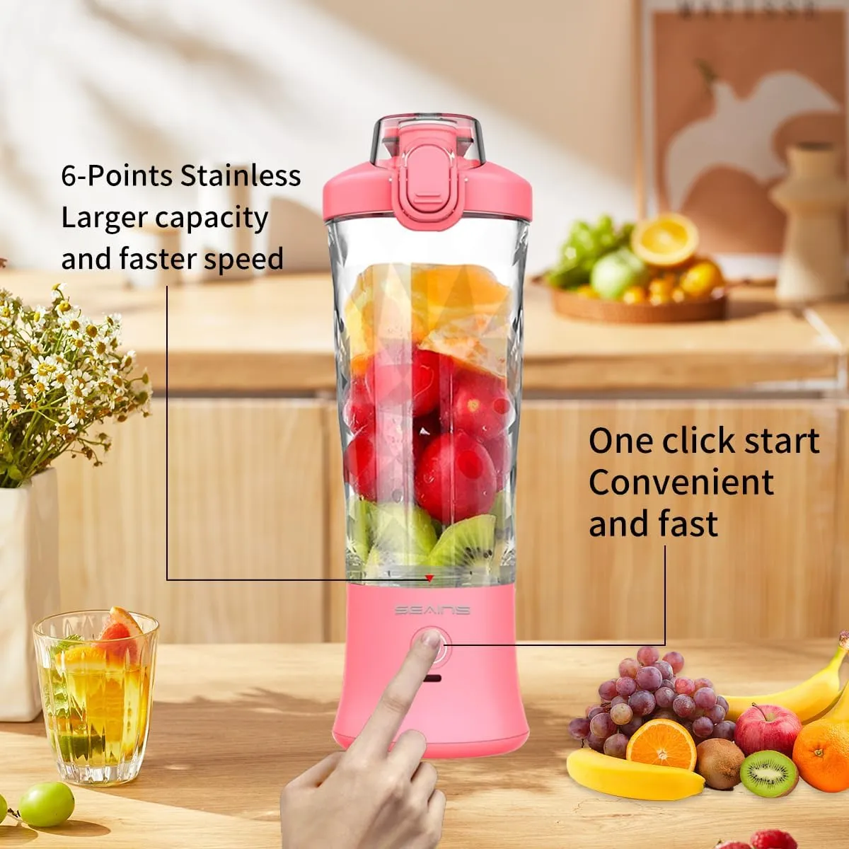 Portable Blender, Personal Blender for Shakes and Smoothies with 20 Oz Travel Cup and Lid, Mini Personal Size Blender with 6 Blades and USB Rechargeable for Gym, Kitchen and Outdoors (Pink)