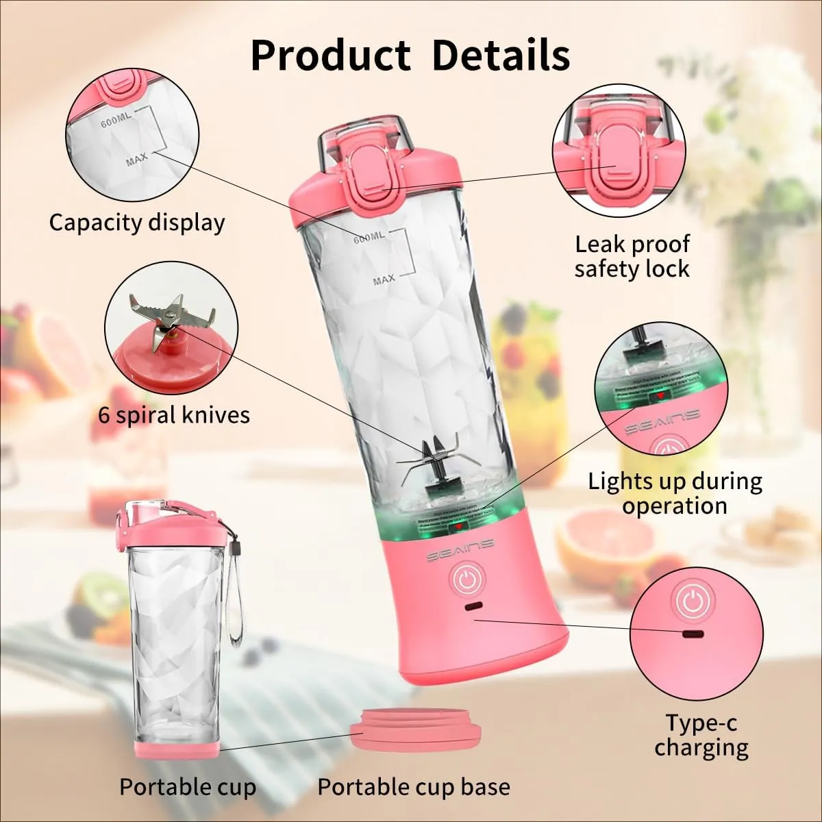 Portable Blender, Personal Blender for Shakes and Smoothies with 20 Oz Travel Cup and Lid, Mini Personal Size Blender with 6 Blades and USB Rechargeable for Gym, Kitchen and Outdoors (Pink)
