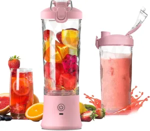 Portable Blender, Personal Blender for Shakes and Smoothies with 20 Oz Travel Cup and Lid, Mini Personal Size Blender with 6 Blades and USB Rechargeable for Gym, Kitchen and Outdoors (Pink)