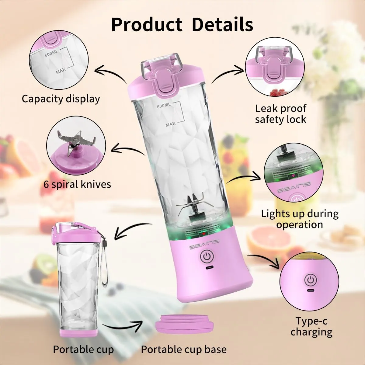 Portable Blender, Personal Blender for Shakes and Smoothies with 20 Oz Travel Cup and Lid, Mini Personal Size Blender with 6 Blades and USB Rechargeable for Gym, Kitchen and Outdoors (Purple)
