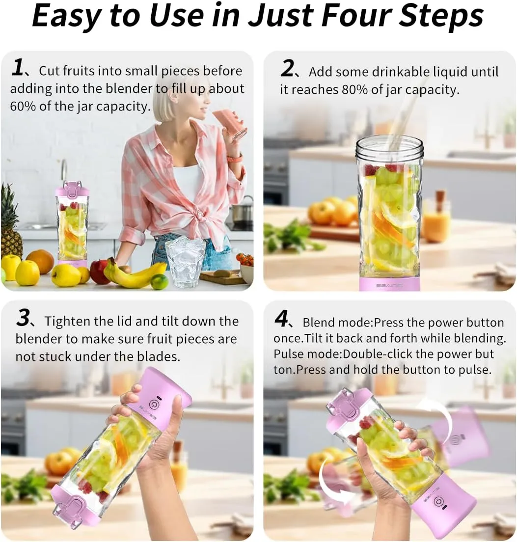 Portable Blender, Personal Blender for Shakes and Smoothies with 20 Oz Travel Cup and Lid, Mini Personal Size Blender with 6 Blades and USB Rechargeable for Gym, Kitchen and Outdoors (Purple)