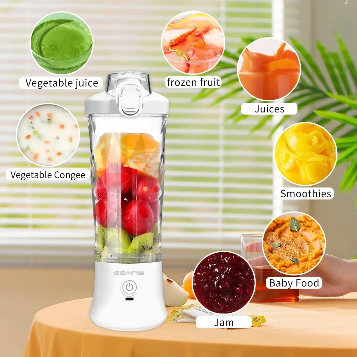 Portable Blender, Personal Blender for Shakes and Smoothies with 20 Oz Travel Cup and Lid, Mini Personal Size Blender with 6 Blades and USB Rechargeable for Gym, Kitchen and Outdoors (White)