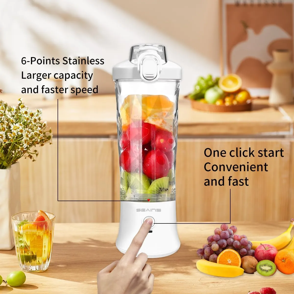 Portable Blender, Personal Blender for Shakes and Smoothies with 20 Oz Travel Cup and Lid, Mini Personal Size Blender with 6 Blades and USB Rechargeable for Gym, Kitchen and Outdoors (White)