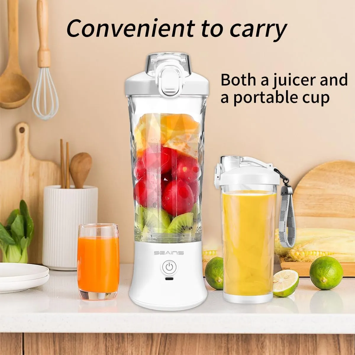 Portable Blender, Personal Blender for Shakes and Smoothies with 20 Oz Travel Cup and Lid, Mini Personal Size Blender with 6 Blades and USB Rechargeable for Gym, Kitchen and Outdoors (White)