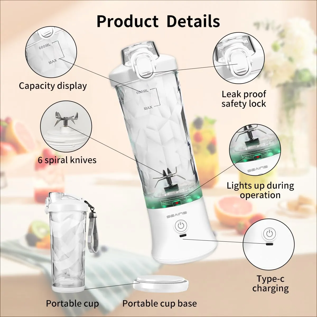 Portable Blender, Personal Blender for Shakes and Smoothies with 20 Oz Travel Cup and Lid, Mini Personal Size Blender with 6 Blades and USB Rechargeable for Gym, Kitchen and Outdoors (White)