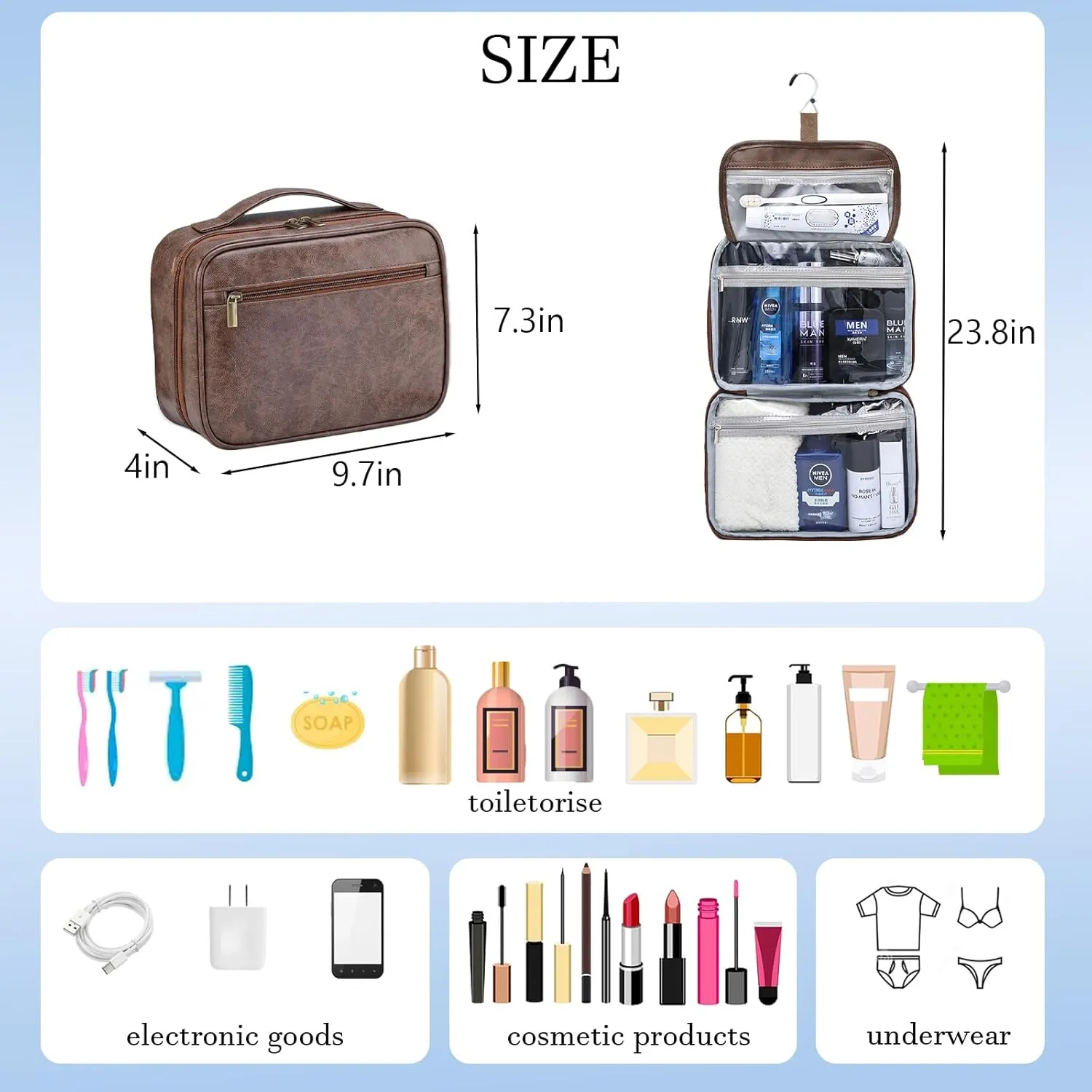 Portable Hanging Travel Toiletry Bags for Men Women Leather Toiletry Bag Waterproof Clear Toiletry Bag Large Organizer Bag for Toiletries