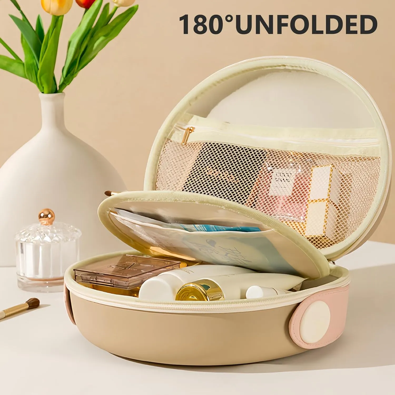 Portable Makeup Bag for Women, Large Capacity Travel Cosmetic Pouch Organizer, Waterproof Storage Skincare Toiletry Case with Handle (Brown)