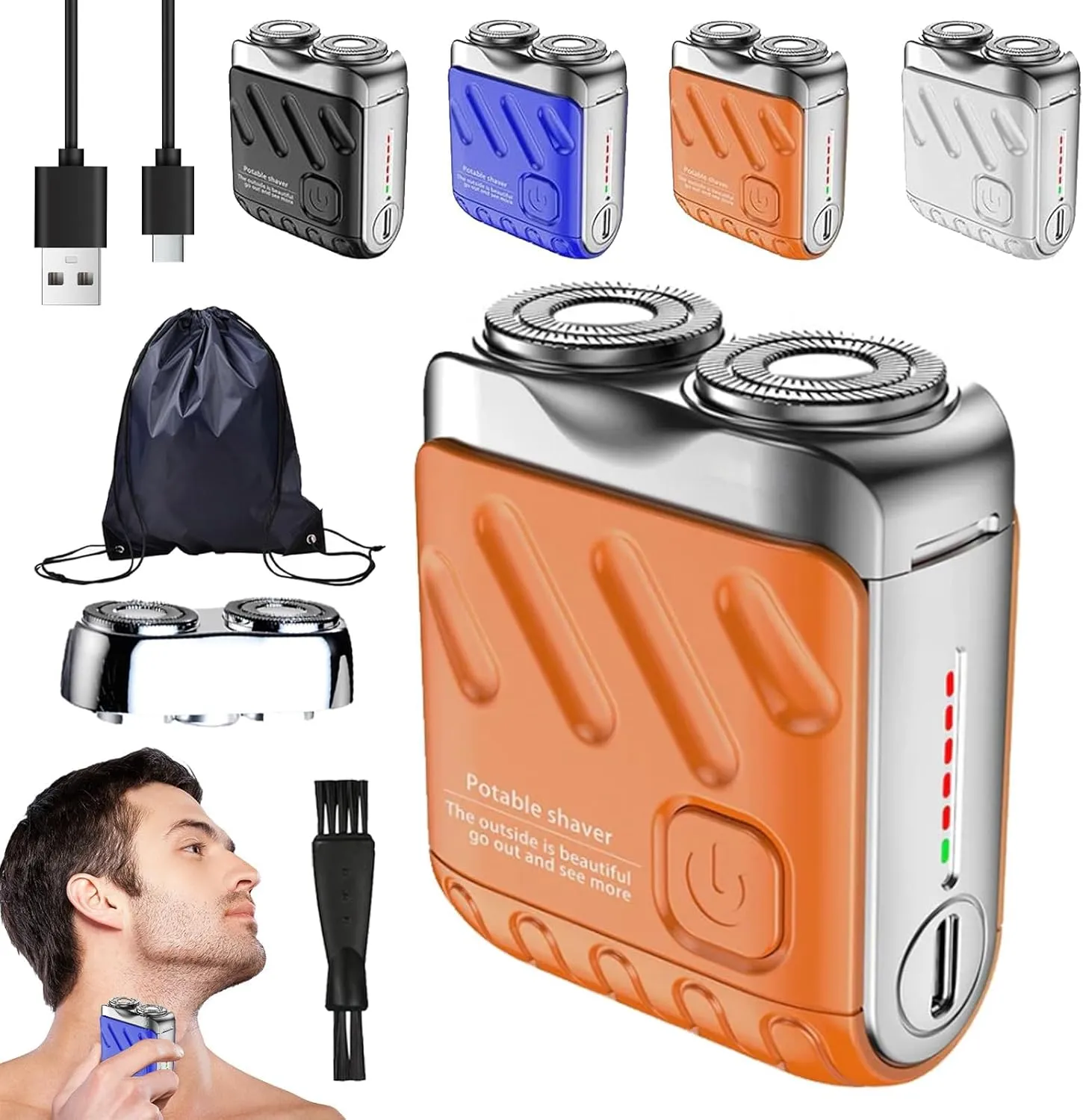 Portable Rotary Dual Ring Electric Shaver, 2025 New Mini Dual-Head Electric Shaver with Replaceable Blade, High-Speed Motor USB Rechargeable, Easy Cleaning, for Travel & Daily Use (Orange)