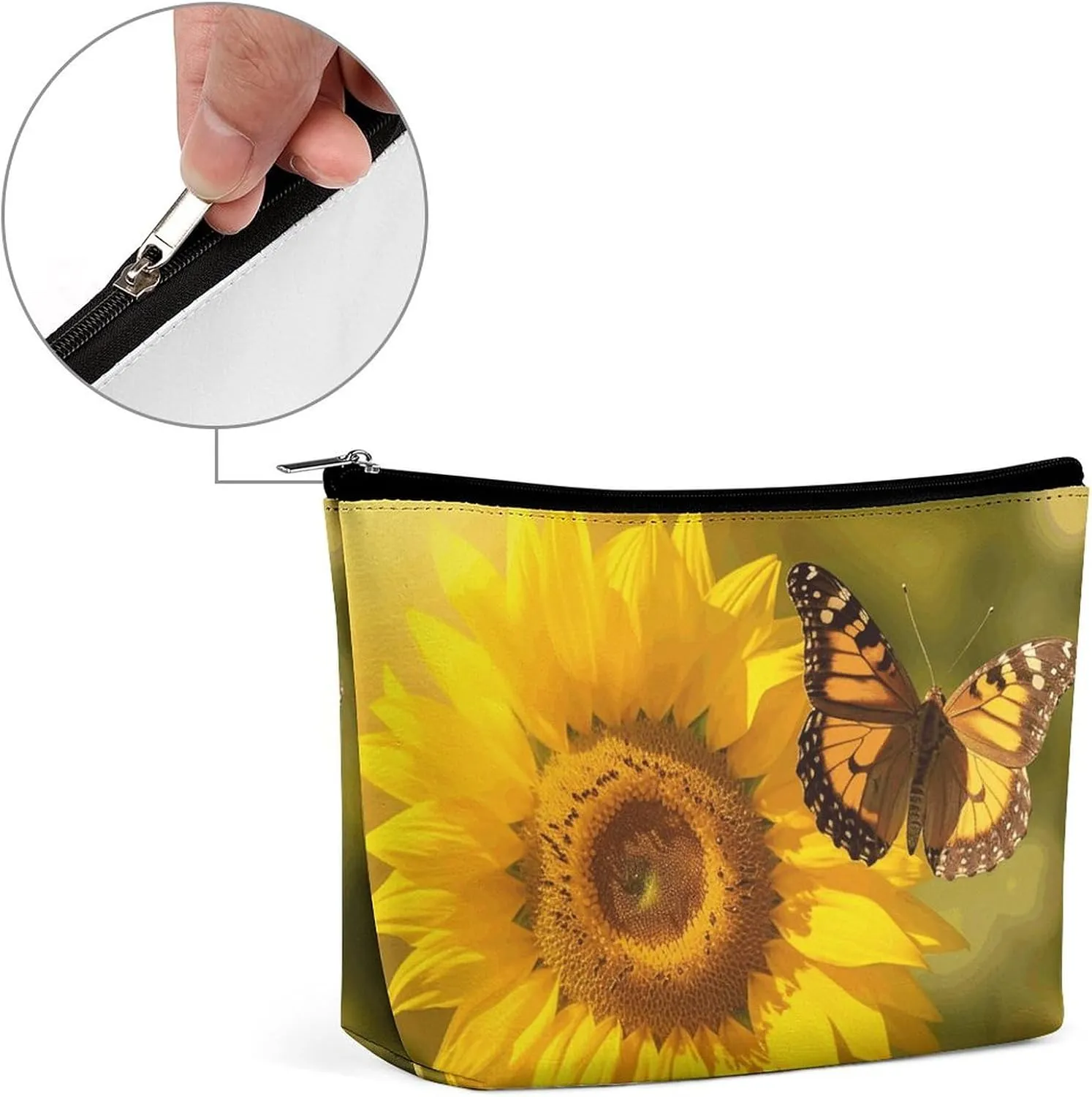 Portable Small Cosmetic Bag Cute Travel Makeup Bag Sunflower Butterfly Sunny Waterproof Toiletry Bag for Women