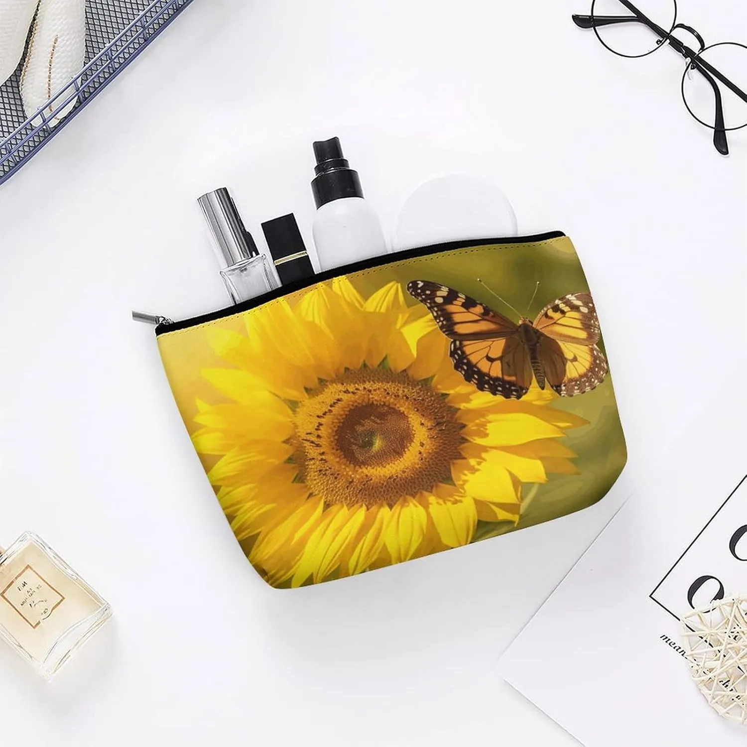 Portable Small Cosmetic Bag Cute Travel Makeup Bag Sunflower Butterfly Sunny Waterproof Toiletry Bag for Women