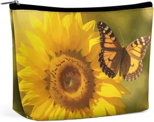 Portable Small Cosmetic Bag Cute Travel Makeup Bag Sunflower Butterfly Sunny Waterproof Toiletry Bag for Women