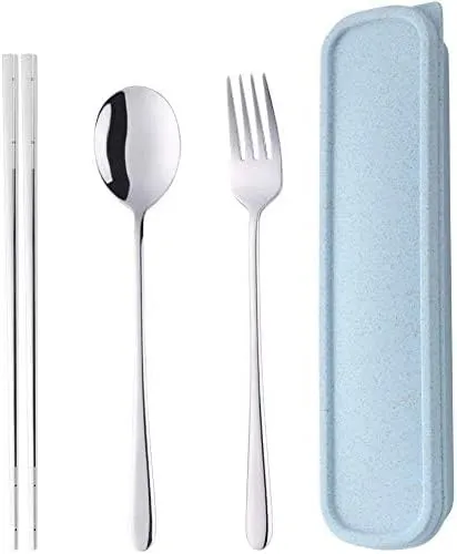 Portable Travel Flatware 3PCS Spoon Fork Chopsticks Set 18/10 Stainless Steel with Case and Bag for School Work Office lunch (Silver)