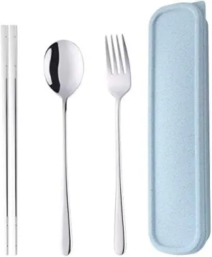 Portable Travel Flatware 3PCS Spoon Fork Chopsticks Set 18/10 Stainless Steel with Case and Bag for School Work Office lunch (Silver)