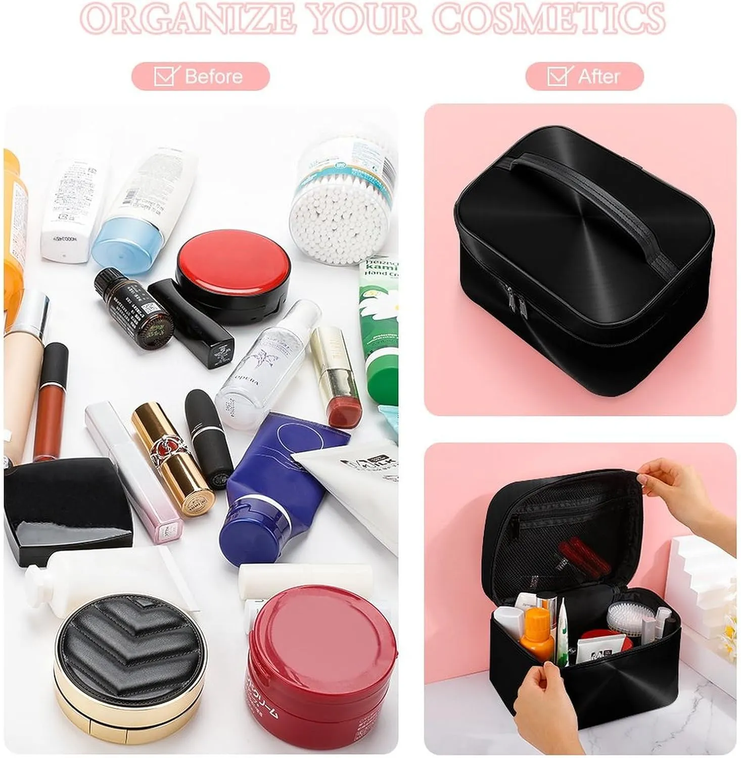 Portable Travel Makeup Bag, Black Stainless Metal Cosmetic Case Zipper Toiletry Bag for Women Girls