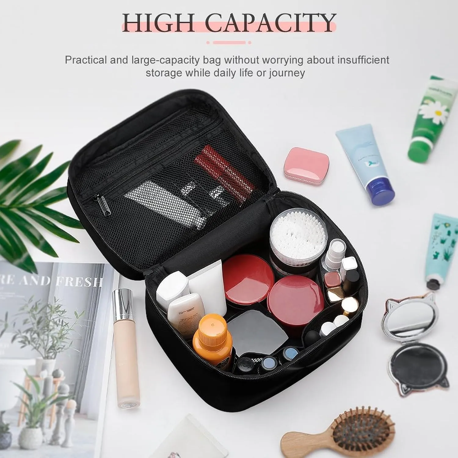 Portable Travel Makeup Bag, Black Stainless Metal Cosmetic Case Zipper Toiletry Bag for Women Girls