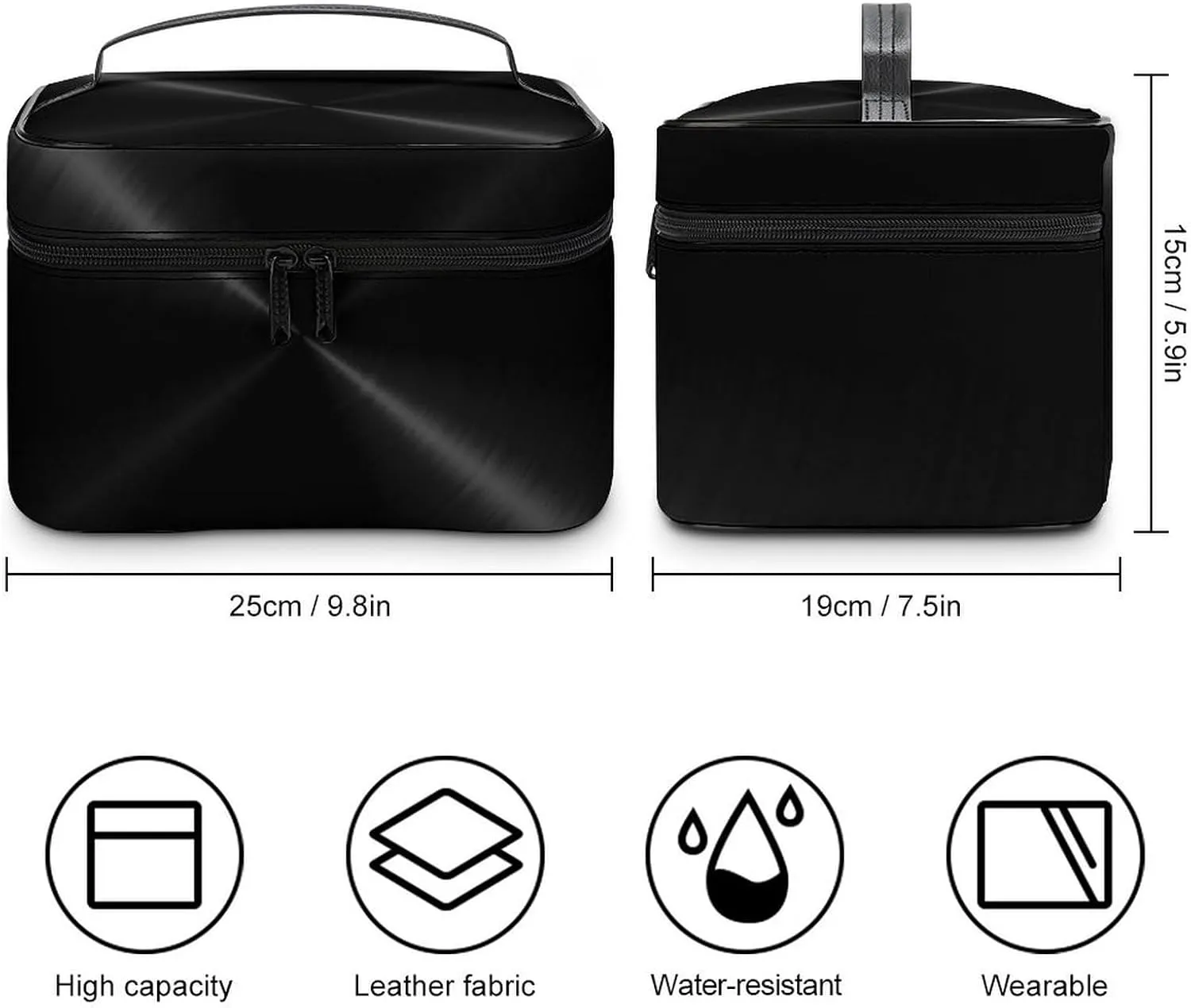 Portable Travel Makeup Bag, Black Stainless Metal Cosmetic Case Zipper Toiletry Bag for Women Girls