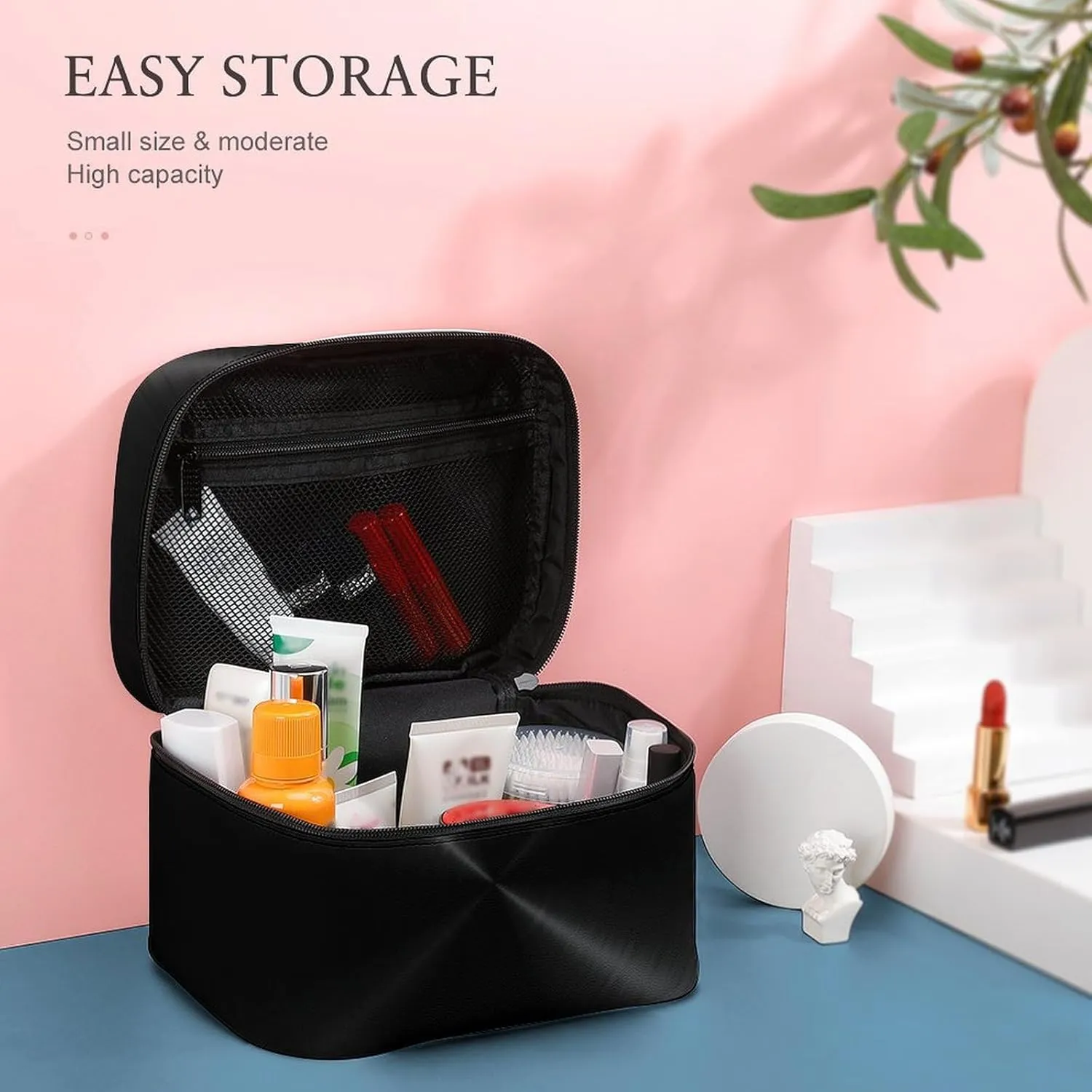 Portable Travel Makeup Bag, Black Stainless Metal Cosmetic Case Zipper Toiletry Bag for Women Girls