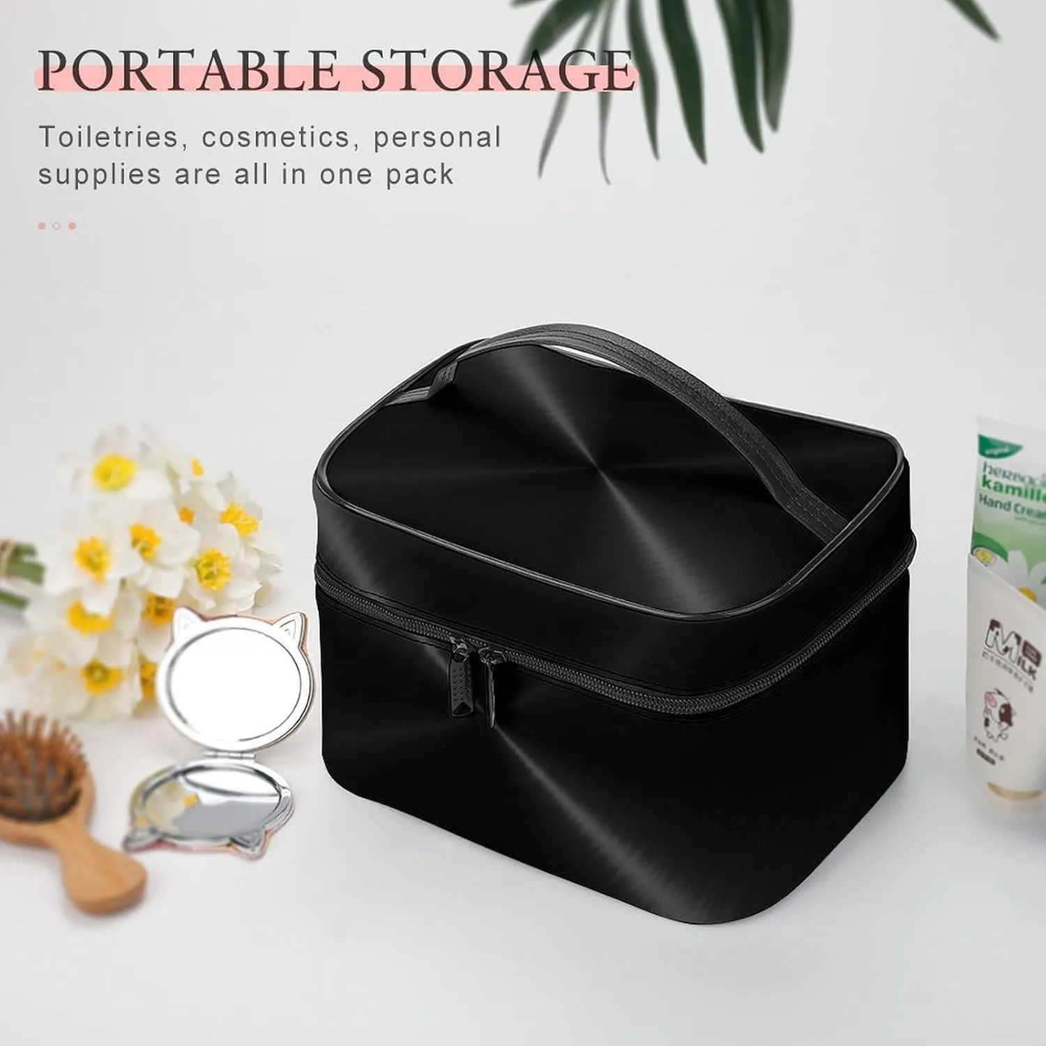 Portable Travel Makeup Bag, Black Stainless Metal Cosmetic Case Zipper Toiletry Bag for Women Girls