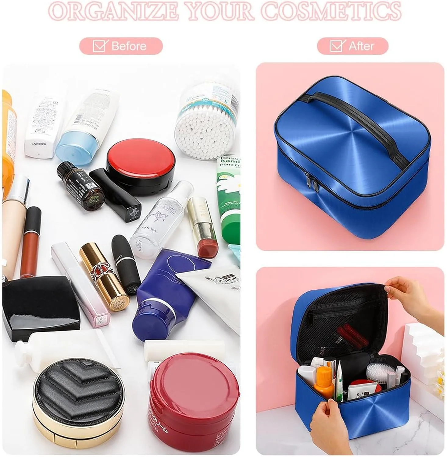 Portable Travel Makeup Bag, Blue Steel Metal Cosmetic Case Zipper Toiletry Bag for Women Girls