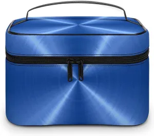 Portable Travel Makeup Bag, Blue Steel Metal Cosmetic Case Zipper Toiletry Bag for Women Girls