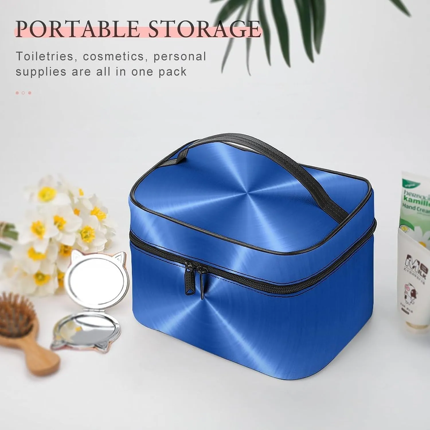 Portable Travel Makeup Bag, Blue Steel Metal Cosmetic Case Zipper Toiletry Bag for Women Girls