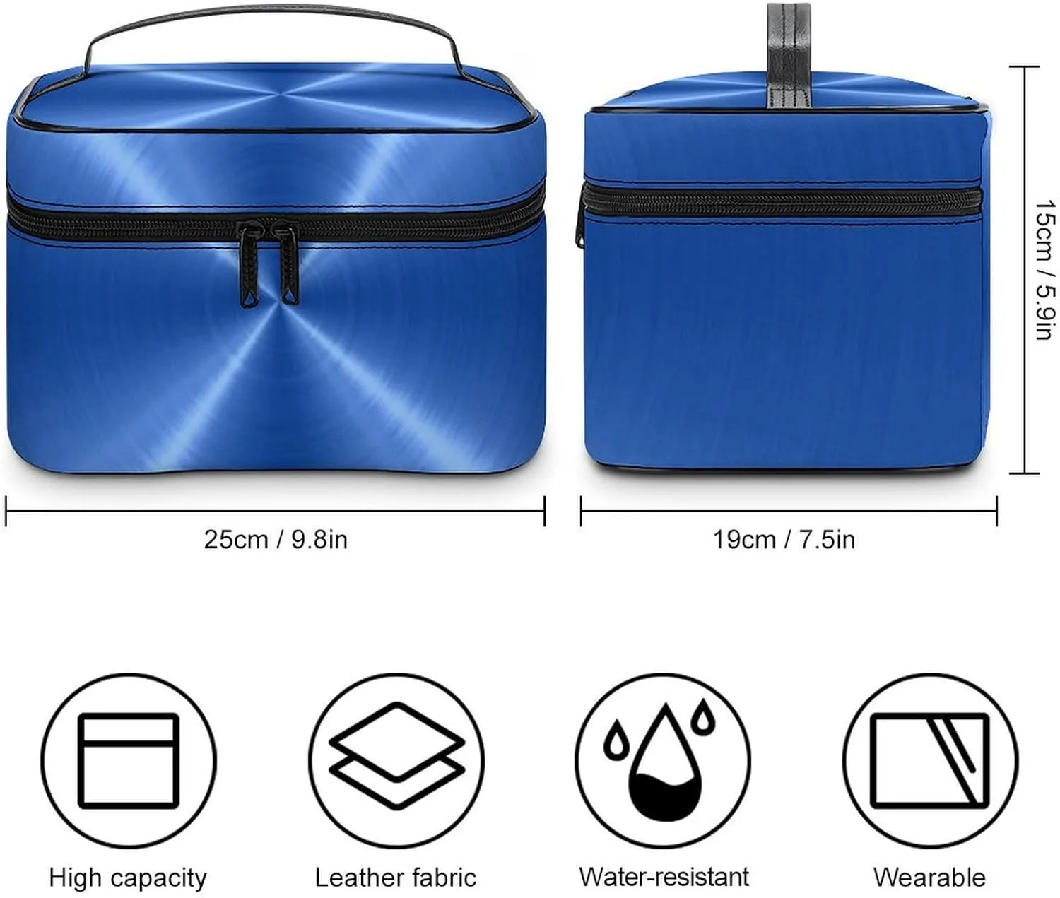 Portable Travel Makeup Bag, Blue Steel Metal Cosmetic Case Zipper Toiletry Bag for Women Girls