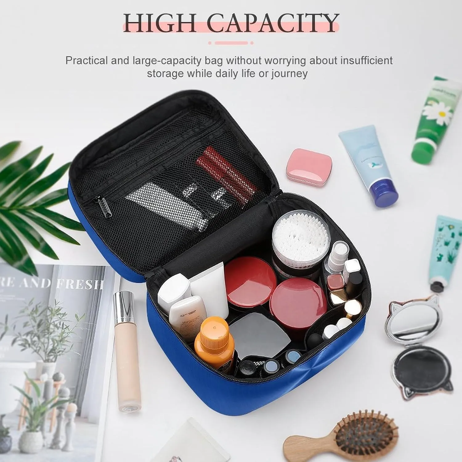 Portable Travel Makeup Bag, Blue Steel Metal Cosmetic Case Zipper Toiletry Bag for Women Girls