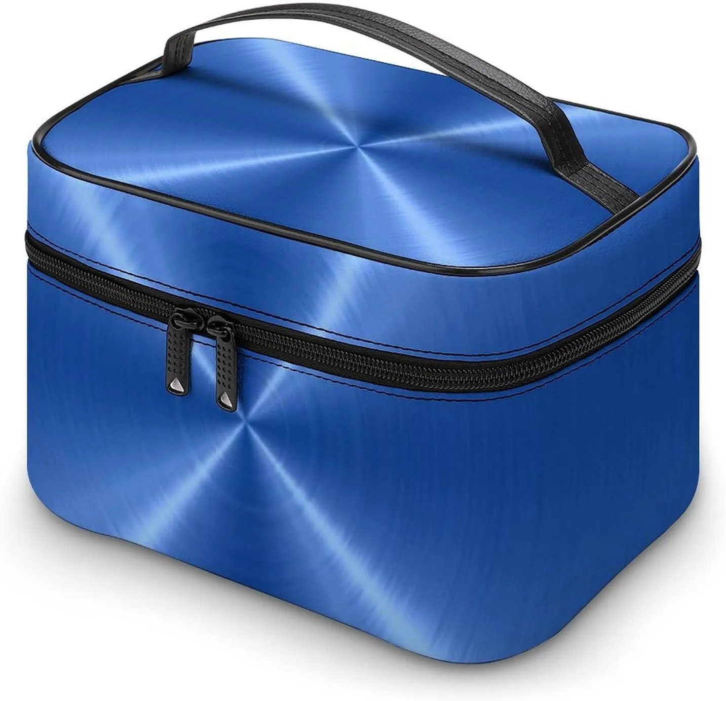 Portable Travel Makeup Bag, Blue Steel Metal Cosmetic Case Zipper Toiletry Bag for Women Girls