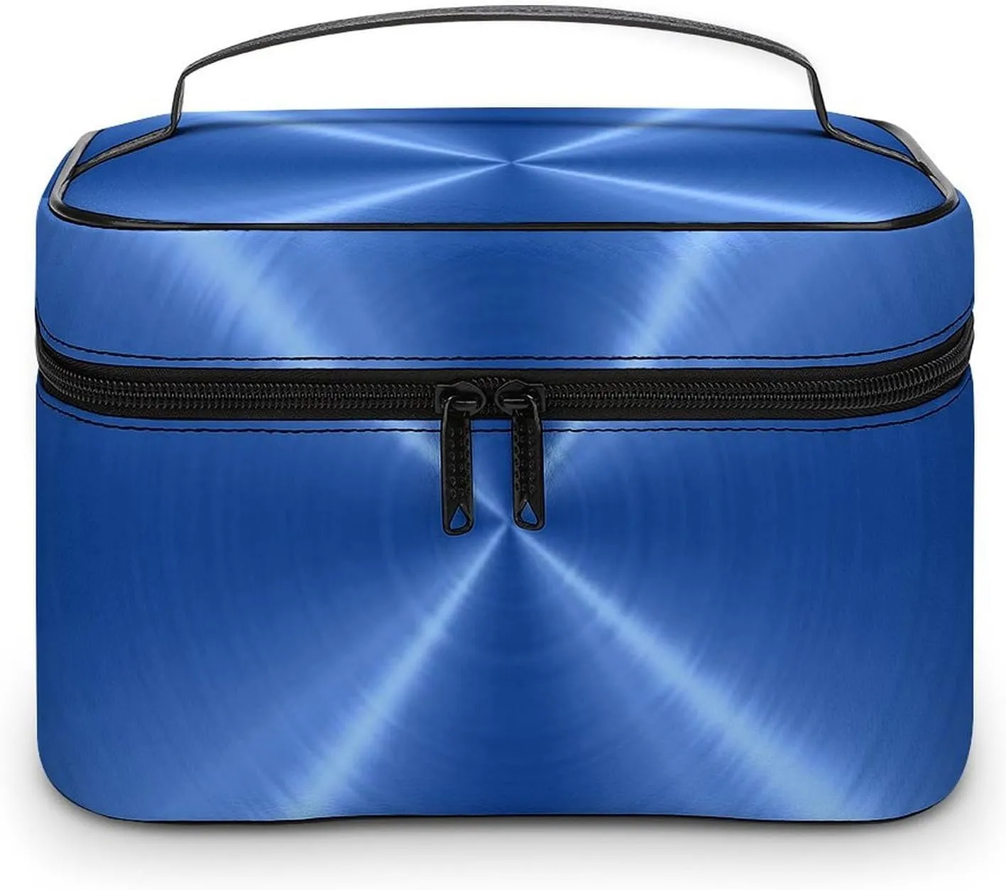 Portable Travel Makeup Bag, Blue Steel Metal Cosmetic Case Zipper Toiletry Bag for Women Girls