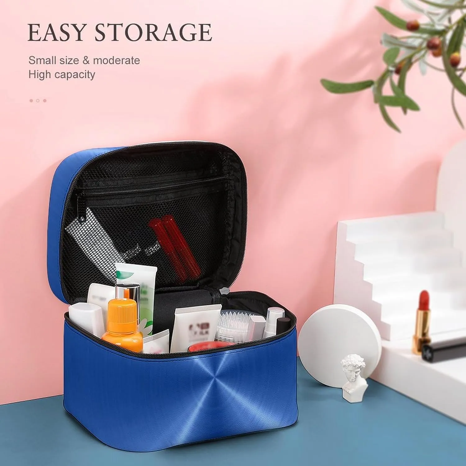 Portable Travel Makeup Bag, Blue Steel Metal Cosmetic Case Zipper Toiletry Bag for Women Girls