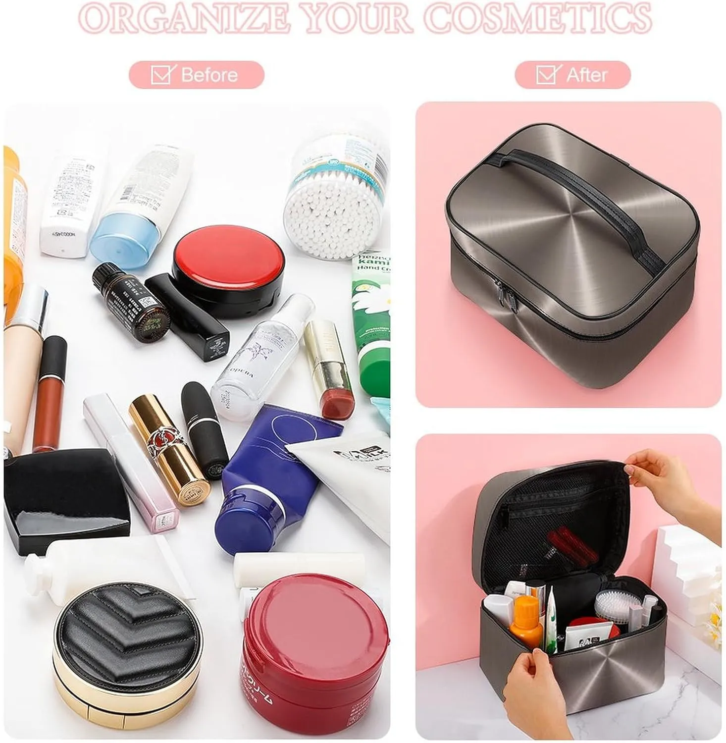 Portable Travel Makeup Bag, Bronze Steel Metal Cosmetic Case Zipper Toiletry Bag for Women Girls