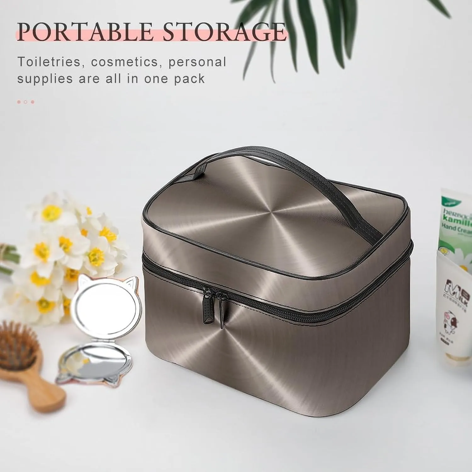 Portable Travel Makeup Bag, Bronze Steel Metal Cosmetic Case Zipper Toiletry Bag for Women Girls